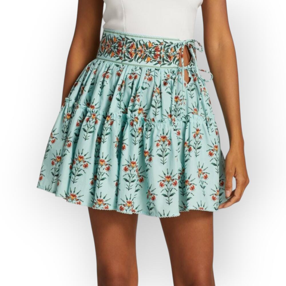Large NEW Agua by AguaBendita Grosella Floral Tie Tiered Miniskirt Monarca Azul